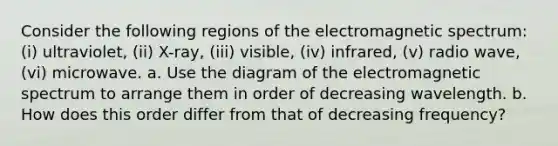 Consider the following regions of the electromagnetic spectrum: (i) ultraviolet, (ii) X-ray, (iii) visible, (iv) infrared, (v) radio wave, (vi) microwave. a. Use the diagram of the electromagnetic spectrum to arrange them in order of decreasing wavelength. b. How does this order differ from that of decreasing frequency?