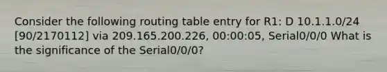 Consider the following routing table entry for R1: D 10.1.1.0/24 [90/2170112] via 209.165.200.226, 00:00:05, Serial0/0/0 What is the significance of the Serial0/0/0?