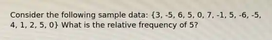 Consider the following sample data: (3, -5, 6, 5, 0, 7, -1, 5, -6, -5, 4, 1, 2, 5, 0) What is the relative frequency of 5?