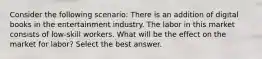 Consider the following scenario: There is an addition of digital books in the entertainment industry. The labor in this market consists of low-skill workers. What will be the effect on the market for labor? Select the best answer.