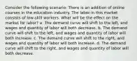 Consider the following scenario: There is an addition of online courses in the education industry. The labor in this market consists of low-skill workers. What will be the effect on the market for labor? a. The demand curve will shift to the left, and wages and quantity of labor will both decrease. b. The demand curve will shift to the left, and wages and quantity of labor will both increase. c. The demand curve will shift to the right, and wages and quantity of labor will both increase. d. The demand curve will shift to the right, and wages and quantity of labor will both decrease.