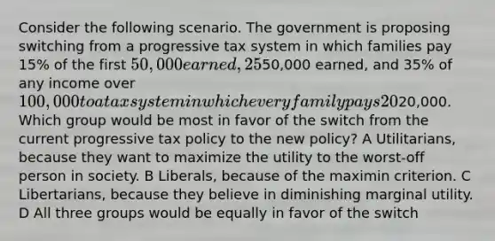 Consider the following scenario. The government is proposing switching from a progressive tax system in which families pay 15% of the first 50,000 earned, 25% of the next50,000 earned, and 35% of any income over 100,000 to a tax system in which every family pays 20% of their income minus20,000. Which group would be most in favor of the switch from the current progressive tax policy to the new policy? A Utilitarians, because they want to maximize the utility to the worst-off person in society. B Liberals, because of the maximin criterion. C Libertarians, because they believe in diminishing marginal utility. D All three groups would be equally in favor of the switch