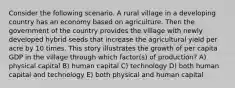 Consider the following scenario. A rural village in a developing country has an economy based on agriculture. Then the government of the country provides the village with newly developed hybrid seeds that increase the agricultural yield per acre by 10 times. This story illustrates the growth of per capita GDP in the village through which factor(s) of production? A) physical capital B) human capital C) technology D) both human capital and technology E) both physical and human capital