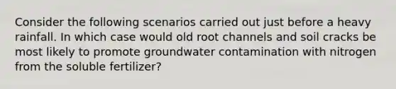 Consider the following scenarios carried out just before a heavy rainfall. In which case would old root channels and soil cracks be most likely to promote groundwater contamination with nitrogen from the soluble fertilizer?