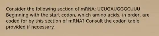 Consider the following section of mRNA: UCUGAUGGGCUUU Beginning with the start codon, which amino acids, in order, are coded for by this section of mRNA? Consult the codon table provided if necessary.