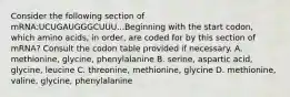 Consider the following section of mRNA:UCUGAUGGGCUUU...Beginning with the start codon, which amino acids, in order, are coded for by this section of mRNA? Consult the codon table provided if necessary. A. methionine, glycine, phenylalanine B. serine, aspartic acid, glycine, leucine C. threonine, methionine, glycine D. methionine, valine, glycine, phenylalanine