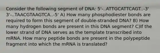 Consider the following segment of DNA: 5'-..ATTGCATTCAGT..-3' 3'-..TAACGTAAGTCA..-5' A) How many phosphodiester bonds are required to form this segment of double-stranded DNA? B) How many hydrogen bonds are present in this DNA segment? C)If the lower strand of DNA serves as the template transcribed into mRNA. How many peptide bonds are present in the polypeptide fragment into which the mRNA is translated?