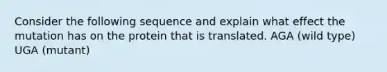 Consider the following sequence and explain what effect the mutation has on the protein that is translated. AGA (wild type) UGA (mutant)