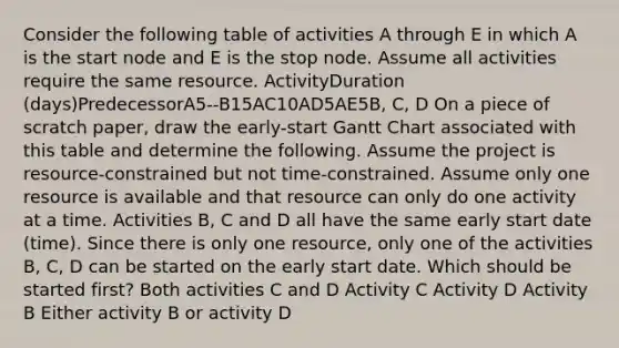 Consider the following table of activities A through E in which A is the start node and E is the stop node. Assume all activities require the same resource. ActivityDuration (days)PredecessorA5--B15AC10AD5AE5B, C, D On a piece of scratch paper, draw the early-start Gantt Chart associated with this table and determine the following. Assume the project is resource-constrained but not time-constrained. Assume only one resource is available and that resource can only do one activity at a time. Activities B, C and D all have the same early start date (time). Since there is only one resource, only one of the activities B, C, D can be started on the early start date. Which should be started first? Both activities C and D Activity C Activity D Activity B Either activity B or activity D