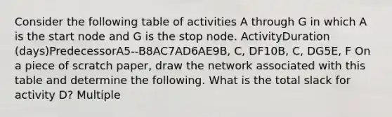 Consider the following table of activities A through G in which A is the start node and G is the stop node. ActivityDuration (days)PredecessorA5--B8AC7AD6AE9B, C, DF10B, C, DG5E, F On a piece of scratch paper, draw the network associated with this table and determine the following. What is the total slack for activity D? Multiple