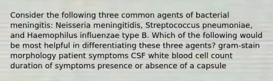 Consider the following three common agents of bacterial meningitis: Neisseria meningitidis, Streptococcus pneumoniae, and Haemophilus influenzae type B. Which of the following would be most helpful in differentiating these three agents? gram-stain morphology patient symptoms CSF white blood cell count duration of symptoms presence or absence of a capsule