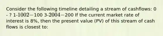 Consider the following timeline detailing a stream of cash​flows: 0 - ? 1-100 2-100 3-200 4-200 If the current market rate of interest is 8%, then the present value​ (PV) of this stream of cash flows is closest​ to: