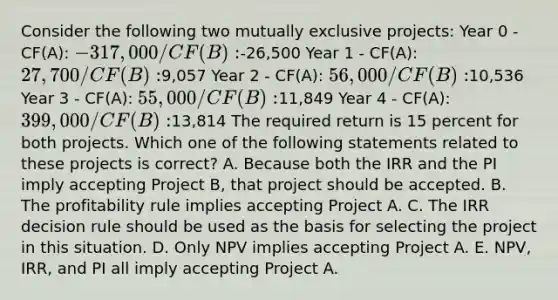 Consider the following two mutually exclusive projects: Year 0 - CF(A): -317,000 / CF(B):-26,500 Year 1 - CF(A): 27,700 / CF(B):9,057 Year 2 - CF(A): 56,000 / CF(B):10,536 Year 3 - CF(A): 55,000 / CF(B):11,849 Year 4 - CF(A): 399,000 / CF(B):13,814 The required return is 15 percent for both projects. Which one of the following statements related to these projects is correct? A. Because both the IRR and the PI imply accepting Project B, that project should be accepted. B. The profitability rule implies accepting Project A. C. The IRR decision rule should be used as the basis for selecting the project in this situation. D. Only NPV implies accepting Project A. E. NPV, IRR, and PI all imply accepting Project A.