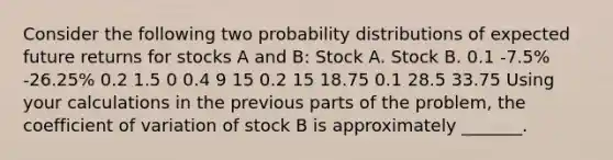 Consider the following two <a href='https://www.questionai.com/knowledge/kxXQdZPEHB-probability-distributions' class='anchor-knowledge'>probability distributions</a> of expected future returns for stocks A and B: Stock A. Stock B. 0.1 -7.5% -26.25% 0.2 1.5 0 0.4 9 15 0.2 15 18.75 0.1 28.5 33.75 Using your calculations in the previous parts of the problem, the <a href='https://www.questionai.com/knowledge/kJCjg6fvaq-coefficient-of-variation' class='anchor-knowledge'>coefficient of variation</a> of stock B is approximately _______.