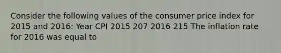 Consider the following values of the consumer price index for 2015 and​ 2016: Year CPI 2015 207 2016 215 The inflation rate for 2016 was equal to