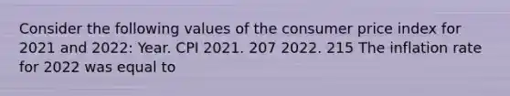 Consider the following values of the consumer price index for 2021 and​ 2022: Year. CPI 2021. 207 2022. 215 The inflation rate for 2022 was equal to