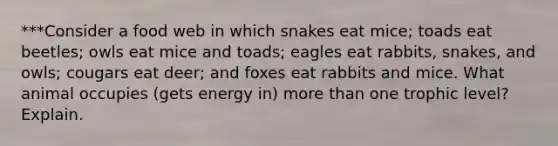 ***Consider a food web in which snakes eat mice; toads eat beetles; owls eat mice and toads; eagles eat rabbits, snakes, and owls; cougars eat deer; and foxes eat rabbits and mice. What animal occupies (gets energy in) more than one trophic level? Explain.