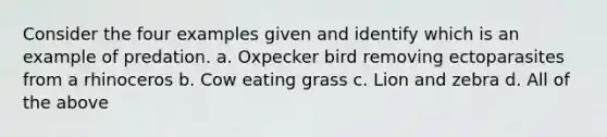 Consider the four examples given and identify which is an example of predation. a. Oxpecker bird removing ectoparasites from a rhinoceros b. Cow eating grass c. Lion and zebra d. All of the above