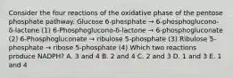 Consider the four reactions of the oxidative phase of the pentose phosphate pathway. Glucose 6-phosphate → 6-phosphoglucono-δ-lactone (1) 6-Phosphoglucono-δ-lactone → 6-phosphogluconate (2) 6-Phosphogluconate → ribulose 5-phosphate (3) Ribulose 5-phosphate → ribose 5-phosphate (4) Which two reactions produce NADPH? A. 3 and 4 B. 2 and 4 C. 2 and 3 D. 1 and 3 E. 1 and 4