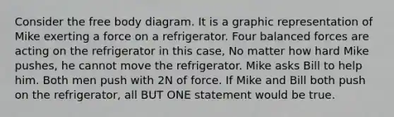 Consider the free body diagram. It is a graphic representation of Mike exerting a force on a refrigerator. Four balanced forces are acting on the refrigerator in this case, No matter how hard Mike pushes, he cannot move the refrigerator. Mike asks Bill to help him. Both men push with 2N of force. If Mike and Bill both push on the refrigerator, all BUT ONE statement would be true.