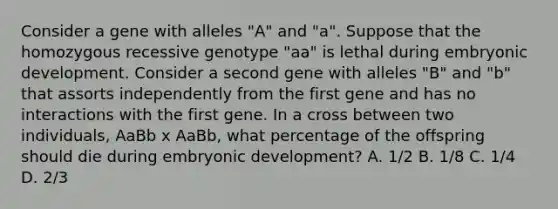 Consider a gene with alleles "A" and "a". Suppose that the homozygous recessive genotype "aa" is lethal during embryonic development. Consider a second gene with alleles "B" and "b" that assorts independently from the first gene and has no interactions with the first gene. In a cross between two individuals, AaBb x AaBb, what percentage of the offspring should die during embryonic development? A. 1/2 B. 1/8 C. 1/4 D. 2/3