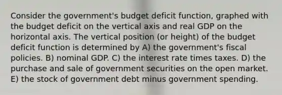 Consider the government's budget deficit function, graphed with the budget deficit on the vertical axis and real GDP on the horizontal axis. The vertical position (or height) of the budget deficit function is determined by A) the government's fiscal policies. B) nominal GDP. C) the interest rate times taxes. D) the purchase and sale of government securities on the open market. E) the stock of government debt minus government spending.