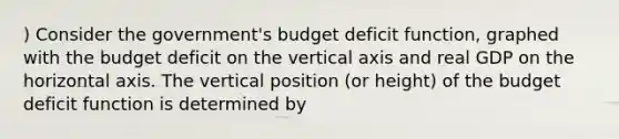 ) Consider the government's budget deficit function, graphed with the budget deficit on the vertical axis and real GDP on the horizontal axis. The vertical position (or height) of the budget deficit function is determined by