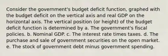 Consider the government's budget deficit function, graphed with the budget deficit on the vertical axis and real GDP on the horizontal axis. The vertical position (or height) of the budget deficit function is determined by a. The government's fiscal policies. b. Nominal GDP. c. The interest rate times taxes. d. The purchase and sale of government securities on the open market. e. The stock of government debt minus government spending.