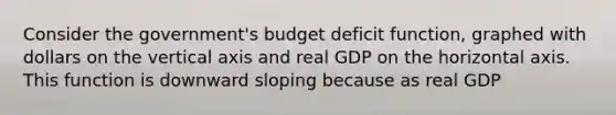 Consider the government's budget deficit function, graphed with dollars on the vertical axis and real GDP on the horizontal axis. This function is downward sloping because as real GDP