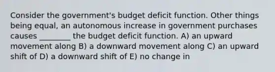 Consider the government's budget deficit function. Other things being equal, an autonomous increase in government purchases causes ________ the budget deficit function. A) an upward movement along B) a downward movement along C) an upward shift of D) a downward shift of E) no change in