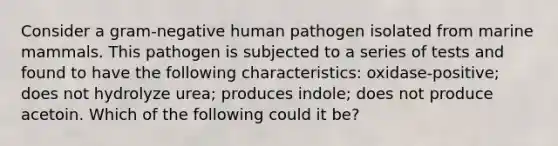 Consider a gram-negative human pathogen isolated from marine mammals. This pathogen is subjected to a series of tests and found to have the following characteristics: oxidase-positive; does not hydrolyze urea; produces indole; does not produce acetoin. Which of the following could it be?