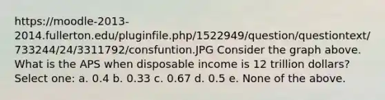 https://moodle-2013-2014.fullerton.edu/pluginfile.php/1522949/question/questiontext/733244/24/3311792/consfuntion.JPG Consider the graph above. What is the APS when disposable income is 12 trillion dollars? Select one: a. 0.4 b. 0.33 c. 0.67 d. 0.5 e. None of the above.