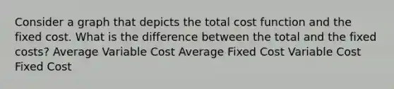 Consider a graph that depicts the total cost function and the fixed cost. What is the difference between the total and the fixed costs? Average Variable Cost Average Fixed Cost Variable Cost Fixed Cost