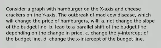 Consider a graph with hamburger on the X-axis and cheese crackers on the Y-axis. The outbreak of mad cow disease, which will change the price of hamburgers, will: a. not change the slope of the budget line. b. lead to a parallel shift of the budget line depending on the change in price. c. change the y-intercept of the budget line. d. change the x-intercept of the budget line.