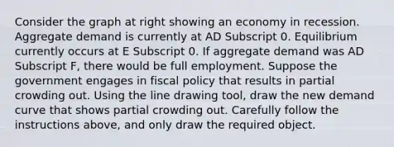 Consider the graph at right showing an economy in recession. Aggregate demand is currently at AD Subscript 0. Equilibrium currently occurs at E Subscript 0. If aggregate demand was AD Subscript F​, there would be full employment. Suppose the government engages in fiscal policy that results in partial crowding out. Using the line drawing tool​, draw the new demand curve that shows partial crowding out. Carefully follow the instructions​ above, and only draw the required object.