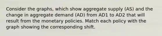 Consider the graphs, which show aggregate supply (AS) and the change in aggregate demand (AD) from AD1 to AD2 that will result from the monetary policies. Match each policy with the graph showing the corresponding shift.