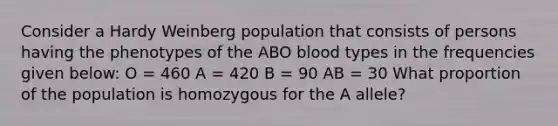 Consider a Hardy Weinberg population that consists of persons having the phenotypes of the ABO blood types in the frequencies given below: O = 460 A = 420 B = 90 AB = 30 What proportion of the population is homozygous for the A allele?