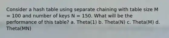 Consider a hash table using separate chaining with table size M = 100 and number of keys N = 150. What will be the performance of this table? a. Theta(1) b. Theta(N) c. Theta(M) d. Theta(MN)