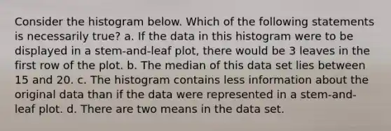 Consider the histogram below. Which of the following statements is necessarily true? a. If the data in this histogram were to be displayed in a stem-and-leaf plot, there would be 3 leaves in the first row of the plot. b. The median of this data set lies between 15 and 20. c. The histogram contains less information about the original data than if the data were represented in a stem-and-leaf plot. d. There are two means in the data set.