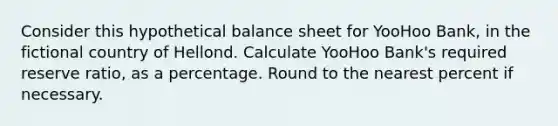 Consider this hypothetical balance sheet for YooHoo Bank, in the fictional country of Hellond. Calculate YooHoo Bank's required reserve ratio, as a percentage. Round to the nearest percent if necessary.