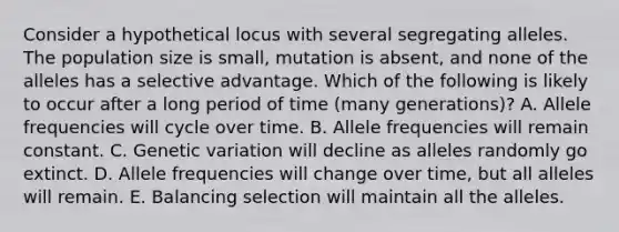 Consider a hypothetical locus with several segregating alleles. The population size is small, mutation is absent, and none of the alleles has a selective advantage. Which of the following is likely to occur after a long period of time (many generations)? A. Allele frequencies will cycle over time. B. Allele frequencies will remain constant. C. Genetic variation will decline as alleles randomly go extinct. D. Allele frequencies will change over time, but all alleles will remain. E. Balancing selection will maintain all the alleles.