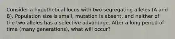 Consider a hypothetical locus with two segregating alleles (A and B). Population size is small, mutation is absent, and neither of the two alleles has a selective advantage. After a long period of time (many generations), what will occur?