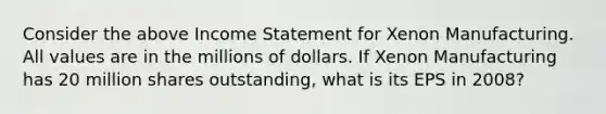 Consider the above Income Statement for Xenon Manufacturing. All values are in the millions of dollars. If Xenon Manufacturing has 20 million shares outstanding, what is its EPS in 2008?