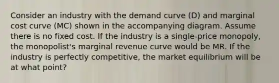 Consider an industry with the demand curve (D) and marginal cost curve (MC) shown in the accompanying diagram. Assume there is no fixed cost. If the industry is a single-price monopoly, the monopolist's marginal revenue curve would be MR. If the industry is perfectly competitive, the market equilibrium will be at what point?