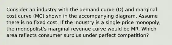 Consider an industry with the demand curve (D) and marginal cost curve (MC) shown in the accompanying diagram. Assume there is no fixed cost. If the industry is a single-price monopoly, the monopolist's marginal revenue curve would be MR. Which area reflects <a href='https://www.questionai.com/knowledge/k77rlOEdsf-consumer-surplus' class='anchor-knowledge'>consumer surplus</a> under perfect competition?