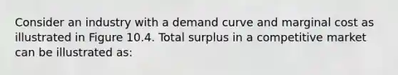 Consider an industry with a demand curve and marginal cost as illustrated in Figure 10.4. Total surplus in a competitive market can be illustrated as: