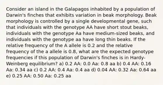 Consider an island in the Galapagos inhabited by a population of Darwin's finches that exhibits variation in beak morphology. Beak morphology is controlled by a single developmental gene, such that individuals with the genotype AA have short stout beaks, individuals with the genotype Aa have medium-sized beaks, and individuals with the genotype aa have long thin beaks. If the relative frequency of the A allele is 0.2 and the relative frequency of the a allele is 0.8, what are the expected genotype frequencies if this population of Darwin's finches is in Hardy-Weinberg equilibrium? a) 0.2 AA: 0.0 Aa: 0.8 aa b) 0.4 AA: 0.16 Aa: 0.34 aa c) 0.2 AA: 0.4 Aa: 0.4 aa d) 0.04 AA: 0.32 Aa: 0.64 aa e) 0.25 AA: 0.50 Aa: 0.25 aa