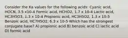 Consider the Ka values for the following acids: Cyanic acid, HOCN, 3.5 x10-4 Formic acid, HCHO2, 1.7 x 10-4 Lactic acid, HC3H5O3, 1.3 x 10-4 Propionic acid, HC3H5O2, 1.3 x 10-5 Benzoic acid, HC7H5O2, 6.3 x 10-5 Which has the strongest conjugate base? A) propionic acid B) benzoic acid C) lactic acid D) formic acid