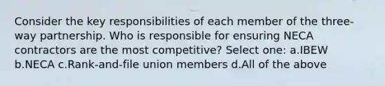 Consider the key responsibilities of each member of the three-way partnership. Who is responsible for ensuring NECA contractors are the most competitive? Select one: a.IBEW b.NECA c.Rank-and-file union members d.All of the above