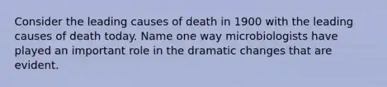 Consider the leading causes of death in 1900 with the leading causes of death today. Name one way microbiologists have played an important role in the dramatic changes that are evident.